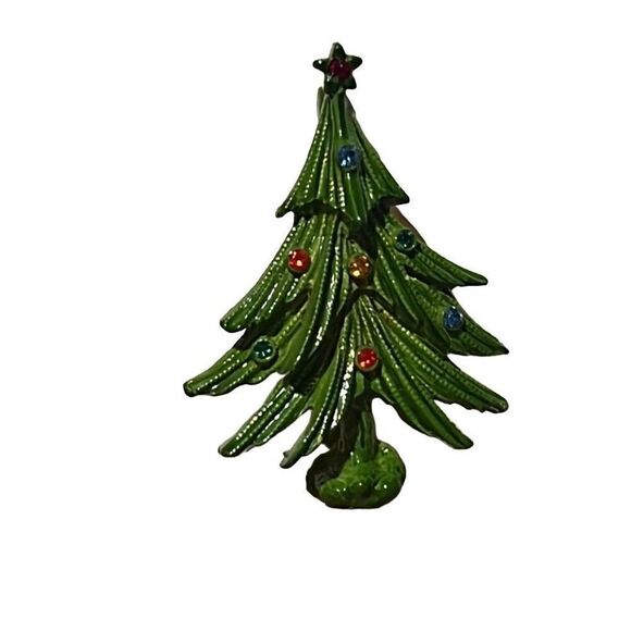 Vintage Green Enamel Christmas Tree Pin - Holiday Costume Jewelry - Picture 7 of 8